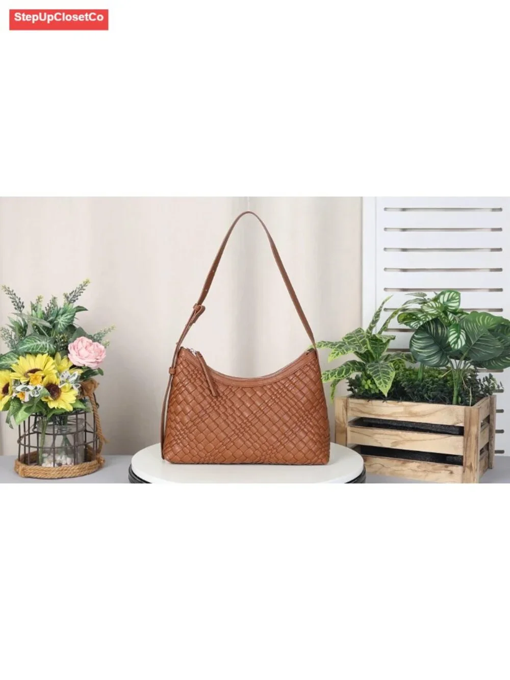 Handwoven Hobo Shoulder Bag Vegan Leather Adjustable Strap